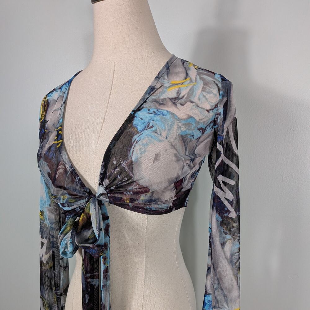 Y2K Mesh Shrug Top S Blue Back Crop Fairy Whimsigoth Tie Cardigan Floral Euro - Picture 3 of 11
